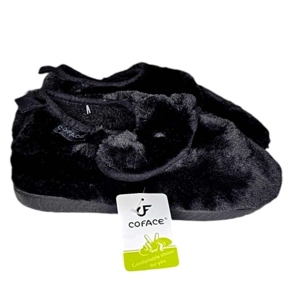 Black Faux Fur Adjustable Cozy Winter House Slippers w Memory Foam women's 7